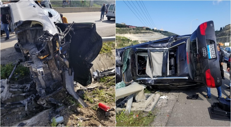 بالصور/ مواطنة تفقد السيطرة على سيارتها على اوتستراد الجنوب فتقتلع عاموداً وتنقلب في حادث عنيف لكن العناية الالهية تنقذها