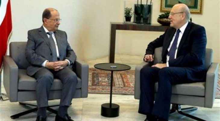 لقاء بين ميقاتي وعون قبيل بدء جلسة مجلس الوزراء في قصر بعبدا