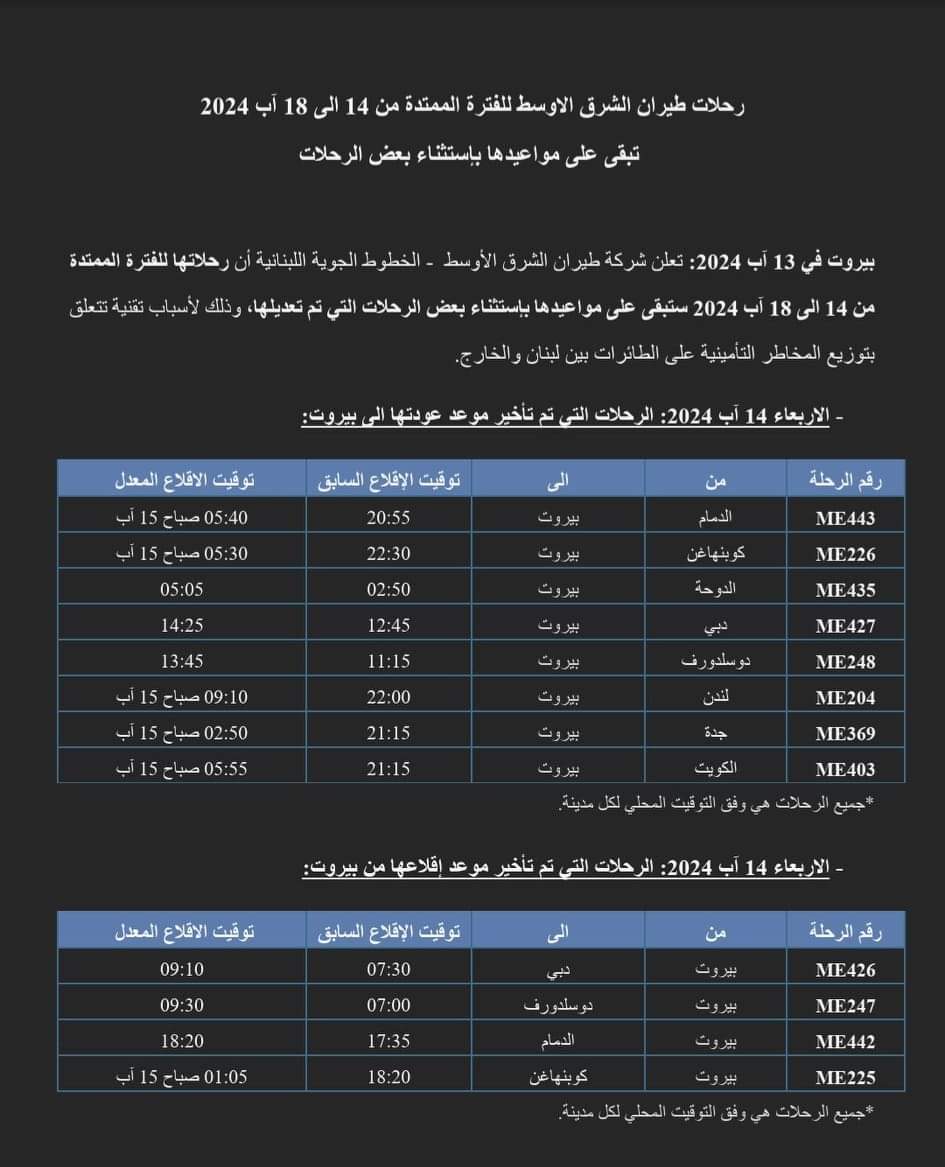 ‏بيان للـ”MEA” حول رحلاتها للفترة الممتدة من 14 الى 18 آب