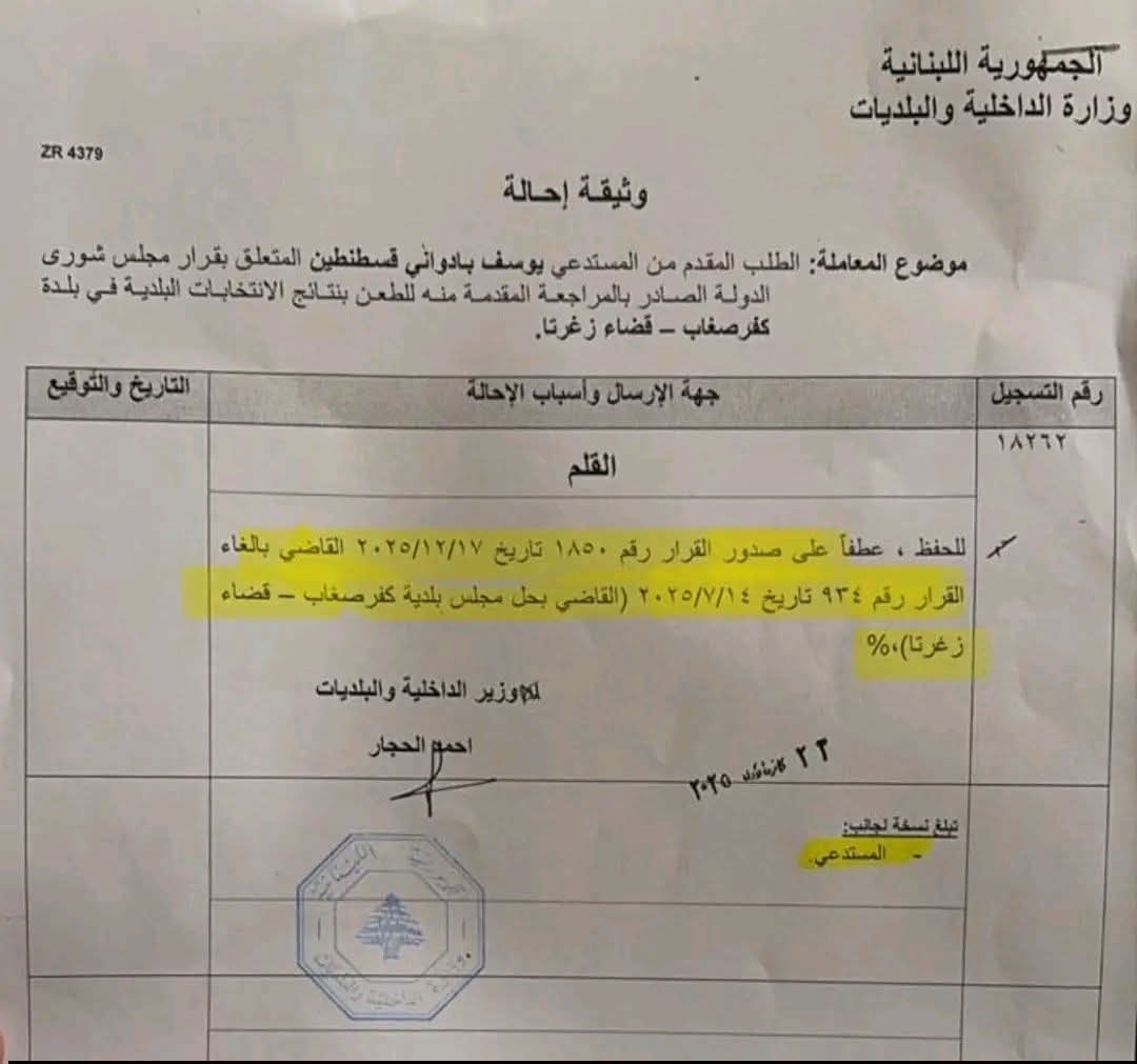 بحلّ مجلس بلدية كفرصغاب – قضاء زغرتا.