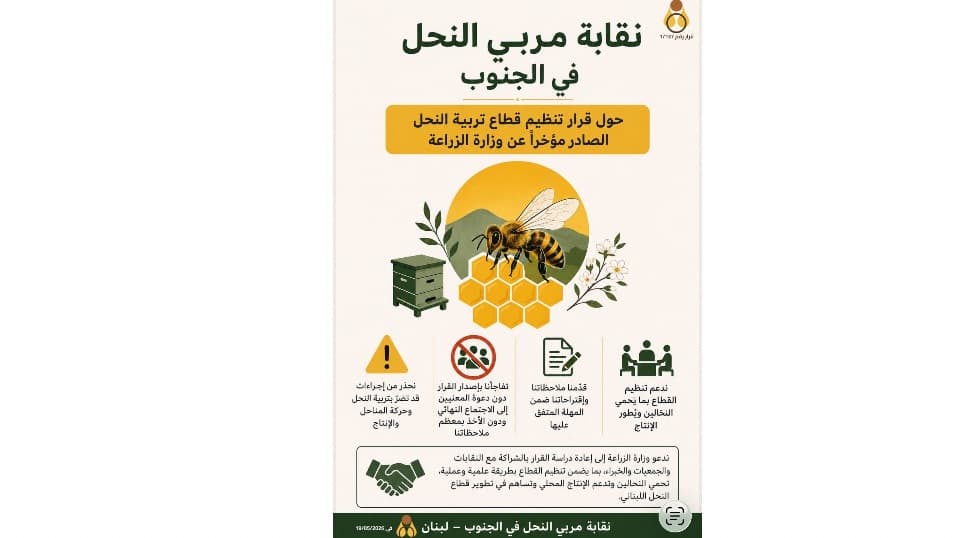 نقابة مربي النحل في الجنوب: قرار الوزارة لتنظيم القطاع لا يراعي الواقع والتحديات ويجب إعادة درسه