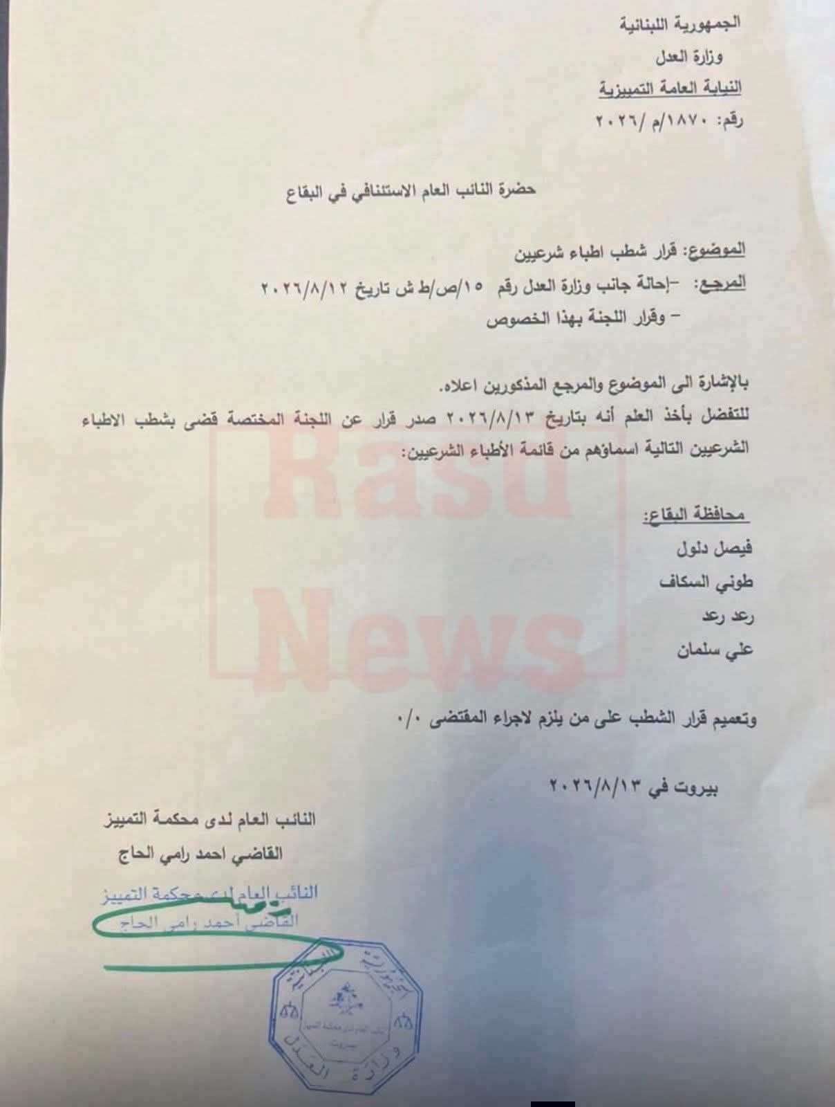 شطب 4 أطباء شرعيين من قائمة الأطباء الشرعيين في البقاع